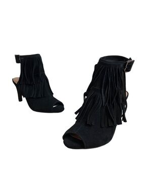 AEROSOLES Alamode Black Suede Fringe Open-Toe Ankle Heels Size‎ 11